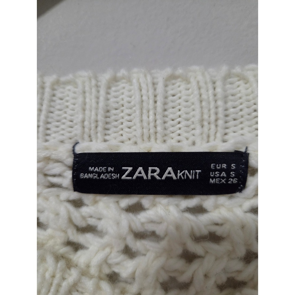 Zara Knit Cream Crochet Pom Pom Fringe Sweater Boho Open Weave Pullover Small - Picture 3 of 5